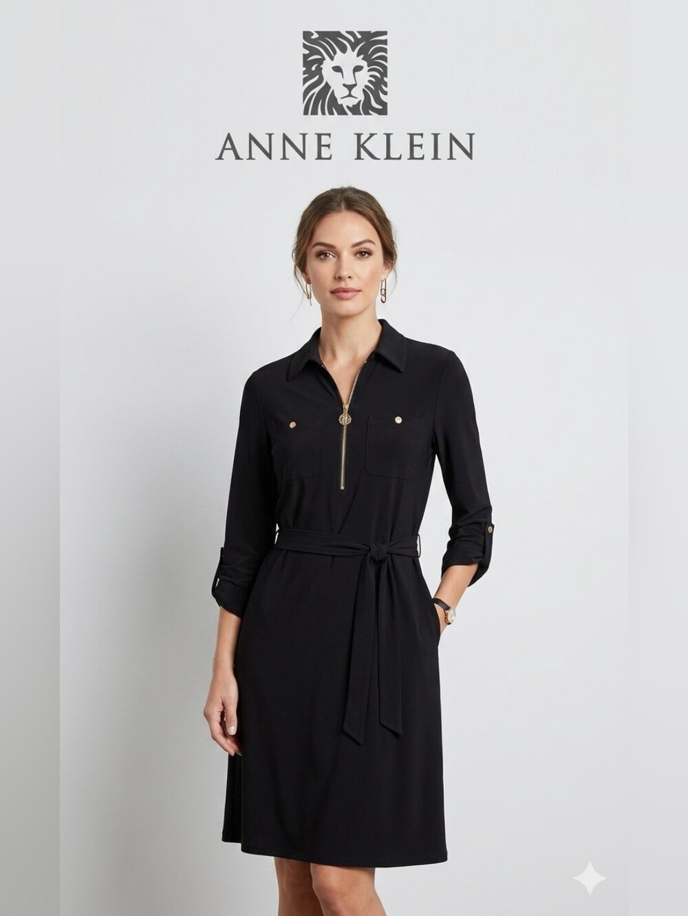 Anne Klein Black Shirt Dress with Gold Zip and Tie❤️ new dress without tags